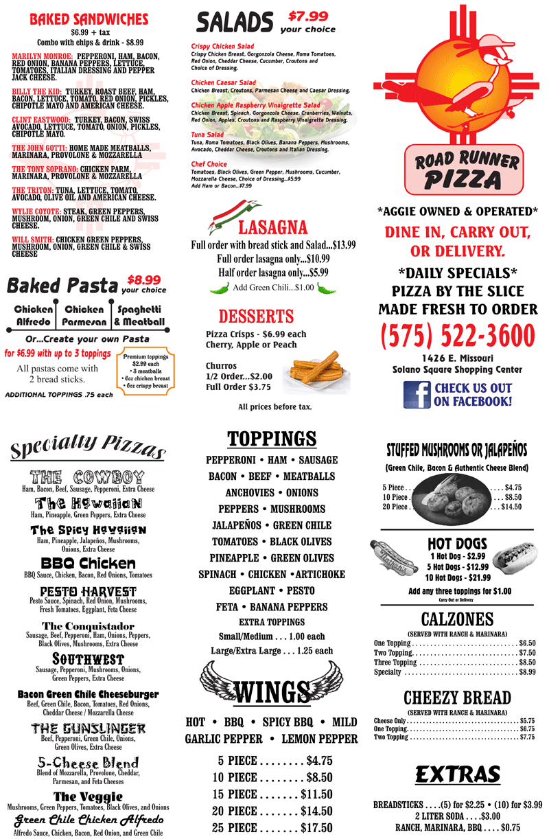 Road Runner Pizza Menu in Las Cruces